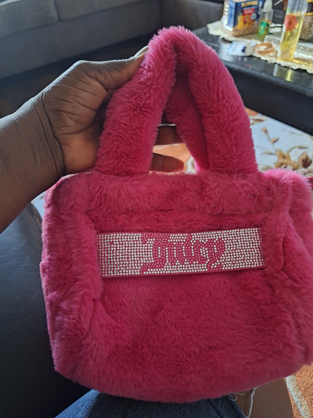 Juicy Coutre Hot Pink Faux Fur Mini Tote with Rhinestone Plaque - Mini Bag